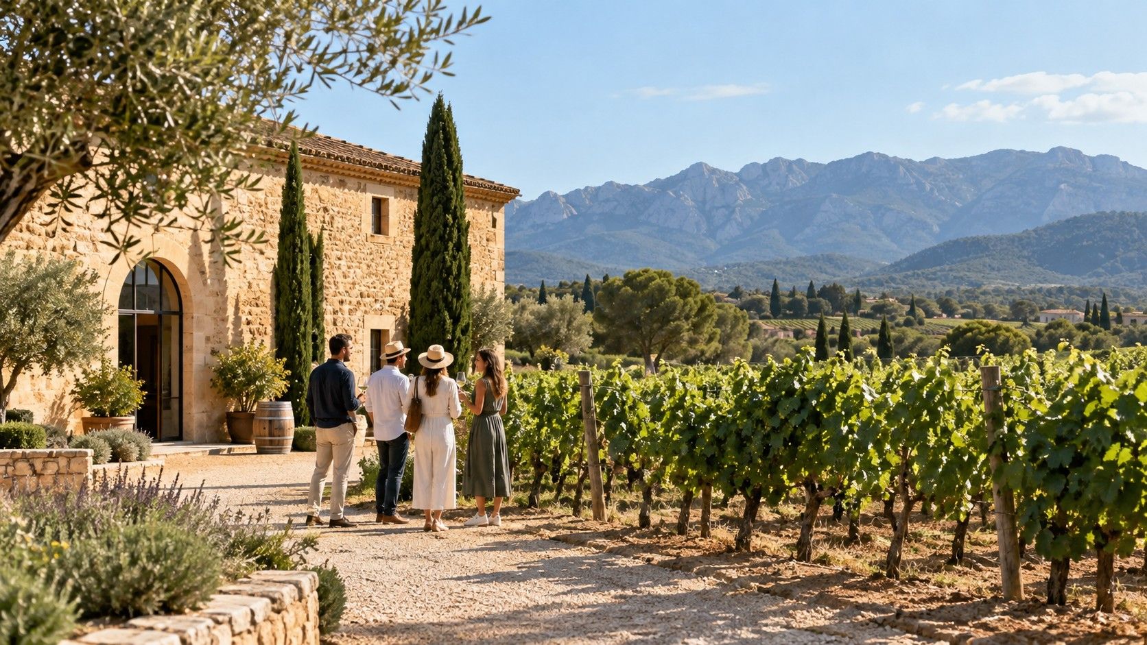 Viñedos de Mallorca junto a una bodega de piedra