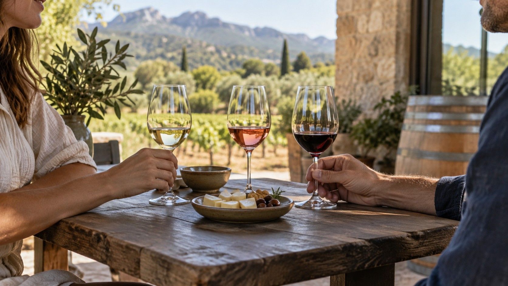 Copas de vino sobre una mesa en una bodega mallorquina